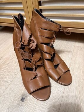 Trouve Cognac Lace-Up Peep Toe Heeled Sandals